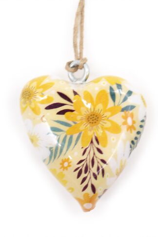 Grand cœur décoratif en bois - Fleurie jaune